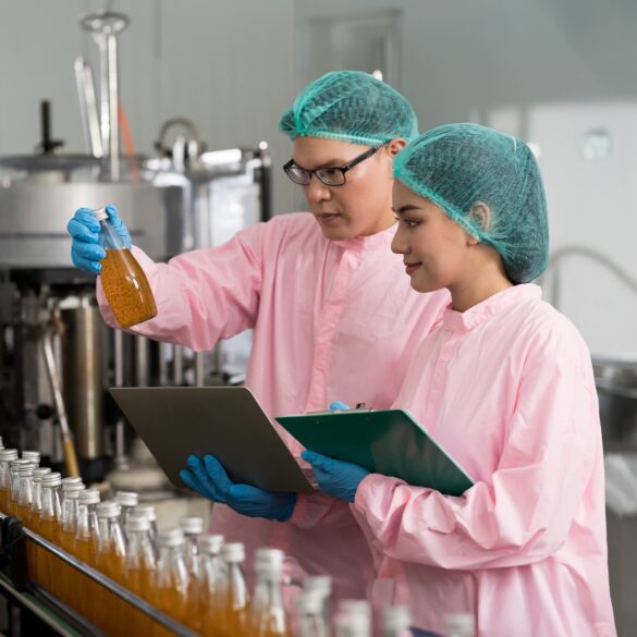 Man and woman inspecting a bottle in a food manufacturing facility