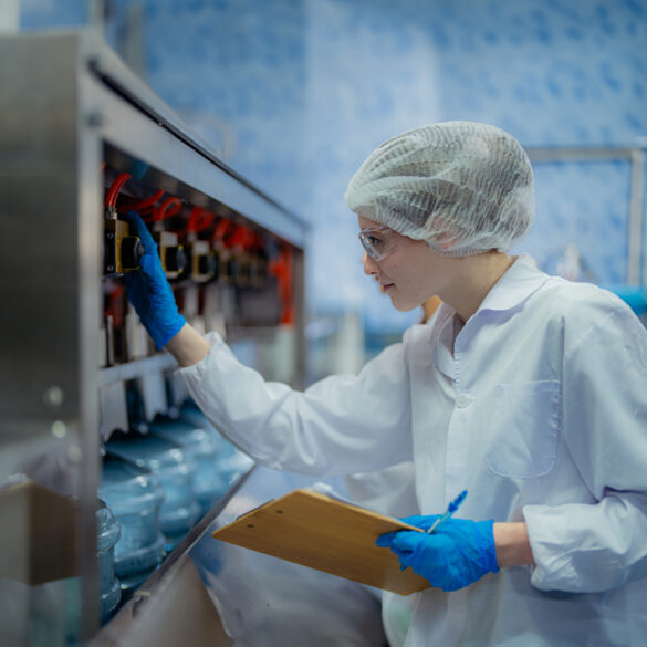 Woman inspecting food manufacturing equipment